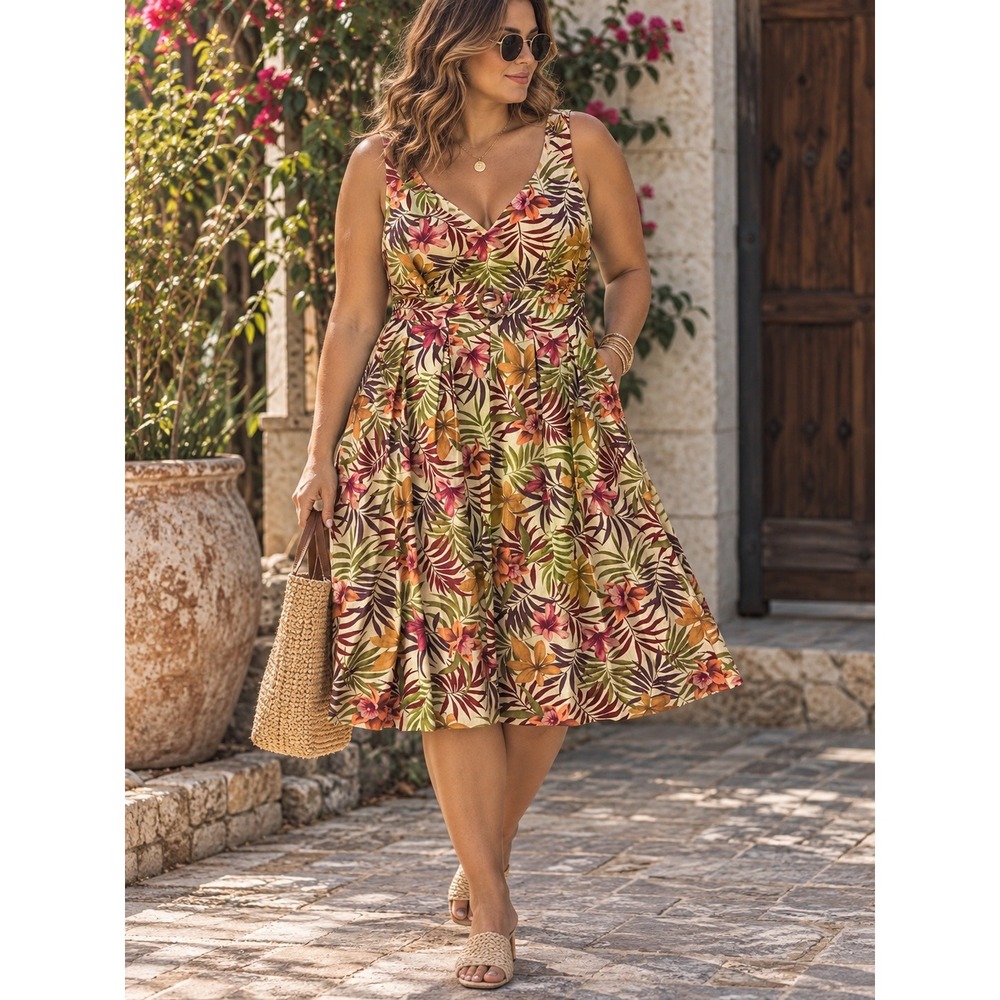 Liz Claiborne Tropical Floral Linen Blend Midi Dress Women 16 Paprika Multi NWT